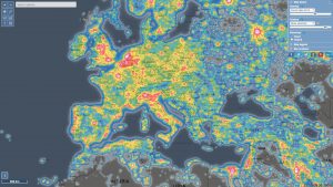 Mapa de contaminación lumínica sobre Europa